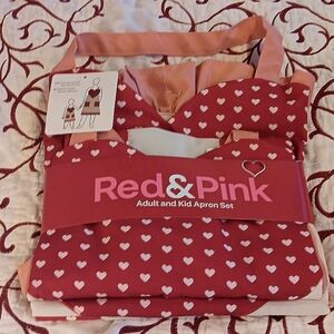 Red & Pink Adult and Kid Apron Set, red, pink, cream colors, one size, NWT